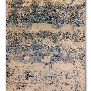 Handgemaakt wollen abstract vloerkleed 9 x 12: neutrale blauwgrijze strepen