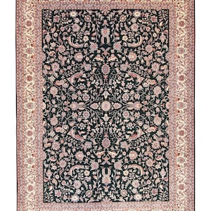 9x12 Hand-Knotted Wool Rug – Midnight Navy Field with Rose, Ivory & Sage Floral Motifs, Persian Style Traditional Area Rug