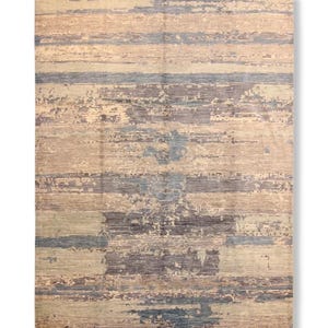 9x12 Modern Abstract Striped Area Rug – Blue, Grey and Beige Tones, Contemporary Handwoven, Bold Statement Rug for Living Room or Office