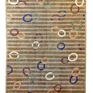 Hand-Knotted Wool Rug 9x12: Modern Striped Design with Colorful Rings