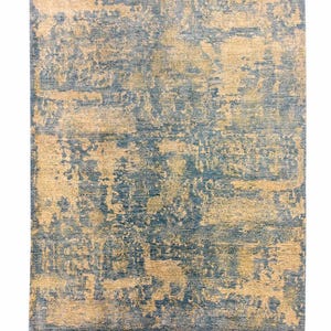 8x10 Handwoven Wool Rug, Faded Golden Beige and Teal Abstract Design, Weathered Modern Carpet with Calm, Artistic Texture