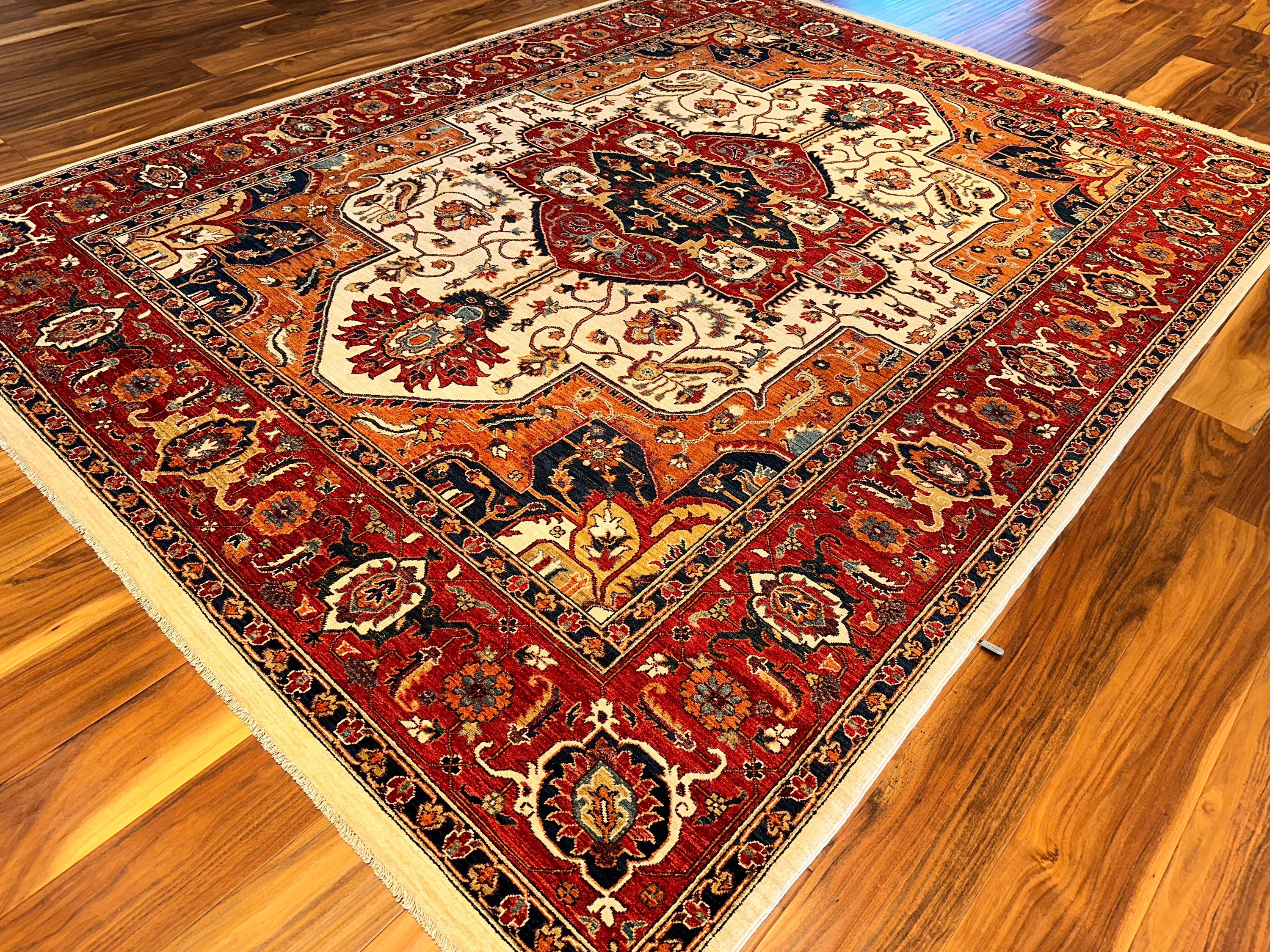 手織りウールメダリオンラグ：ペルシャデザイン、赤とネイビーの