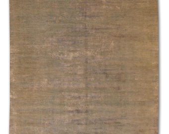Alfombra abstracta moderna de lana y seda: degradado marrón y beige, tejido tibetano