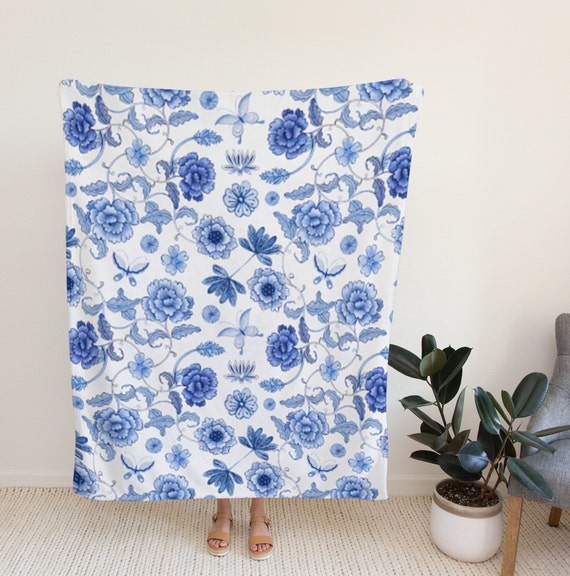 Chinoiserie Bedding Blue Floral Blanket Blue and White Etsy