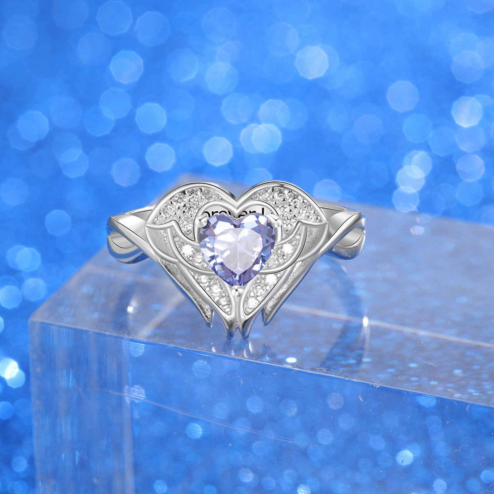 Personalized Angel Wings Ring With Birthstone in Silver and Etsy
