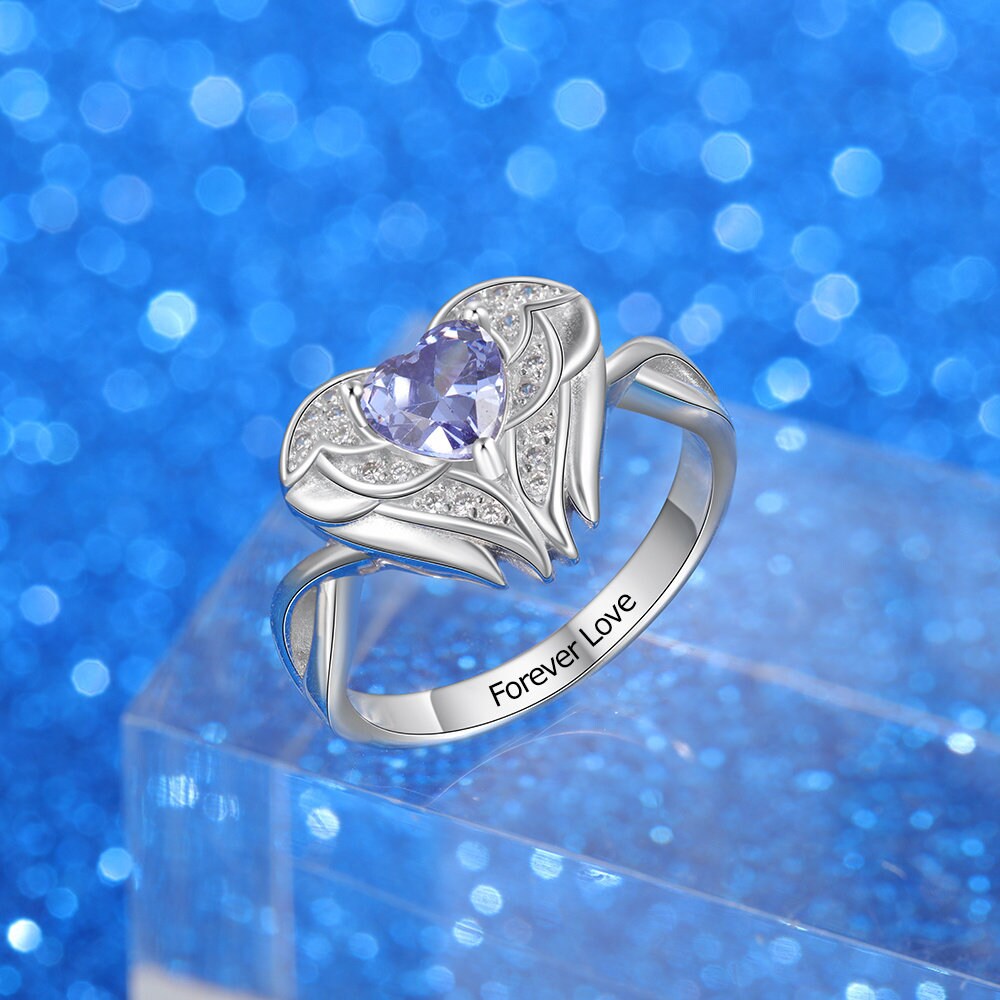 Personalized Angel Wings Ring With Birthstone in Silver for Etsy