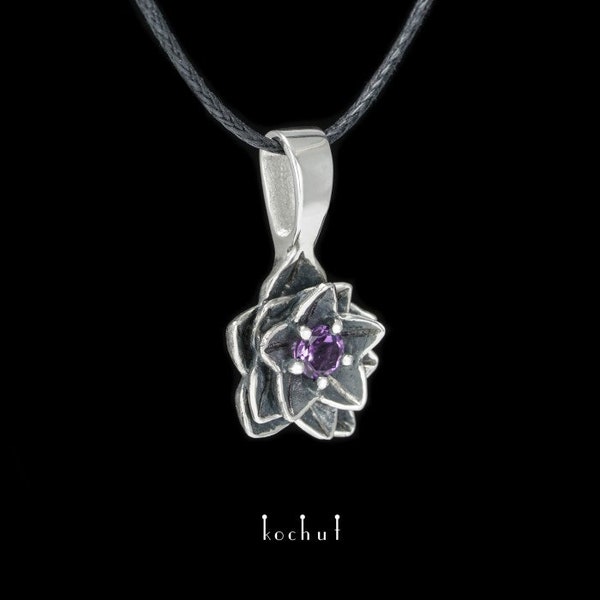 Lotus Silver Pendant with Amethyst, Trendy Amethyst Jewelry, Flower Pendant Gift, Anniversary Gift for Wife, Daughter Gift