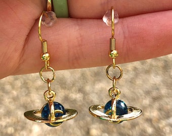 planet earrings - gold - blue - pink