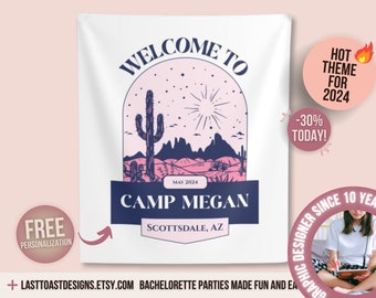 Decoración del campamento de despedida de soltera, bandera de despedida de soltera de camping, estandarte de despedida de soltera de Las Vegas, campamento de Scottsdale Bach