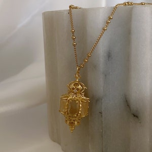 14K Gold Filled French Crystal Lantern Necklace, Victorian Georgian Rutilated Quartz Necklace, Dainty Gold Beaded Chain Chandelier Pendant