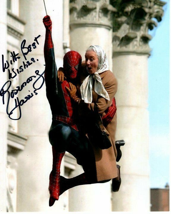 SPIDERMAN FILM ACTRESS SIGNED WHITE CARD ROSEMARY HARRIS AUNT MAY 