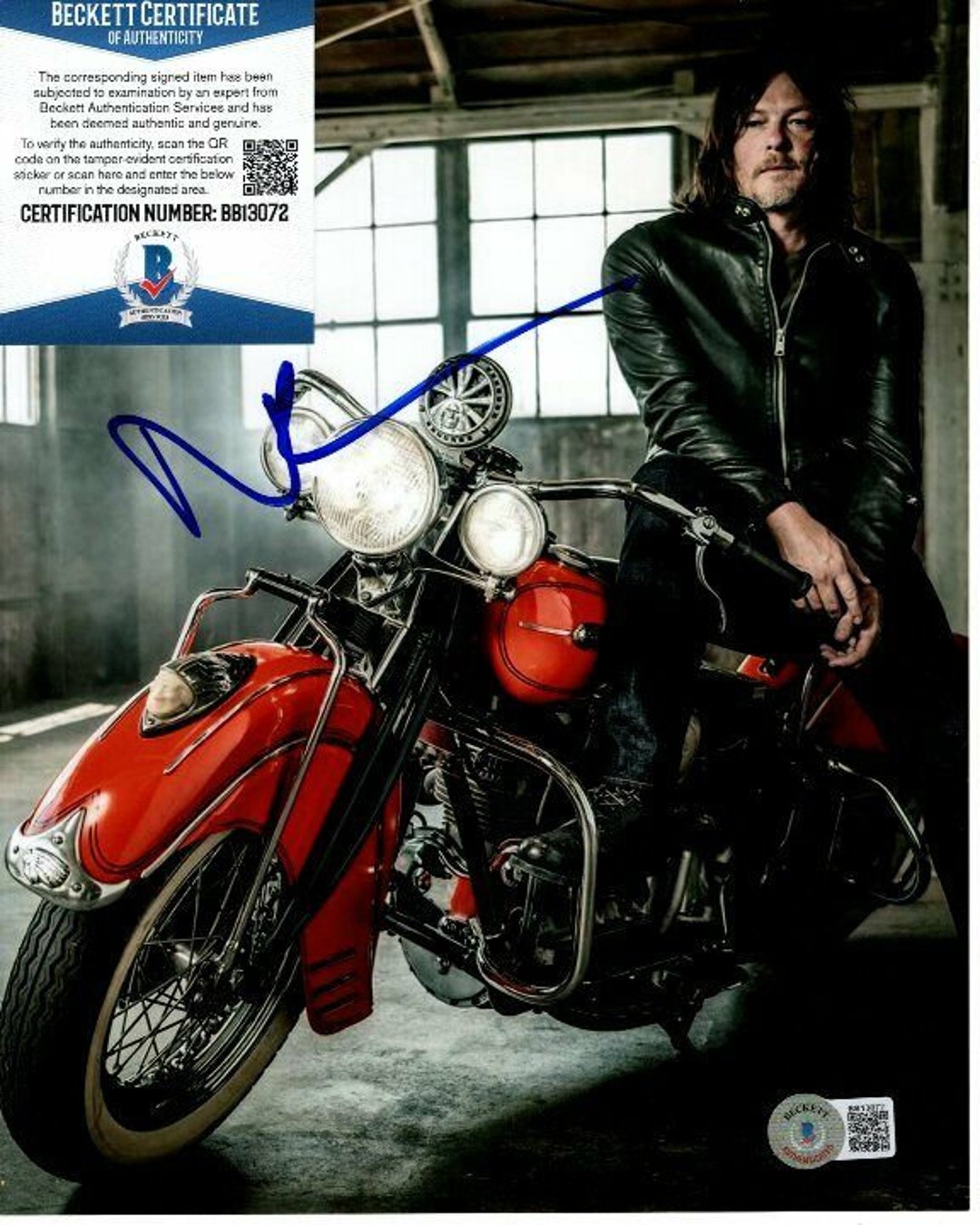 Norman Reedus Signed Motorcycle 8x10 Photo Beckett Bas
