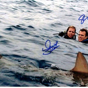 Op de afbeelding: Een gesigneerde foto van twee acteurs uit de film "Open Water" met een haaienvin op de voorgrond. De acteurs zijn in het water en lijken in nood te zijn. De handtekeningen zijn in blauwe inkt.