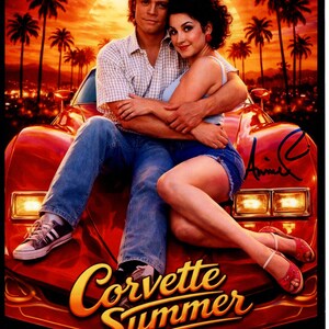 May include: A movie poster for "Corvette Summer" featuring a couple embracing on a red Corvette. The background shows a sunset with palm trees. The title is in yellow and orange script.