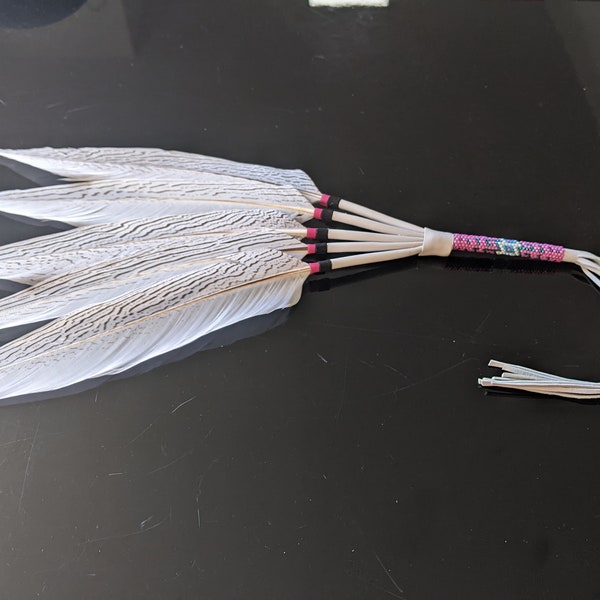 White and Pink Pheasant Smudge Fan