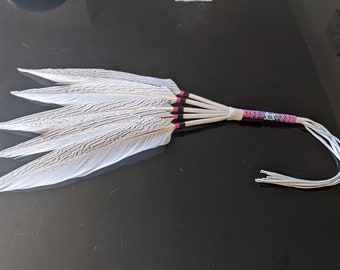 White and Pink Pheasant Smudge Fan