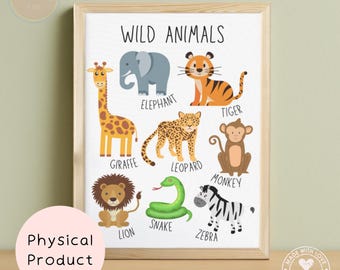 Wild Anmals Art Print, Cute Animal Poster, Children's Bedroom, Educational Poster, Nursery Playroom Art, Cute Jungle Print, Kids Wall Art