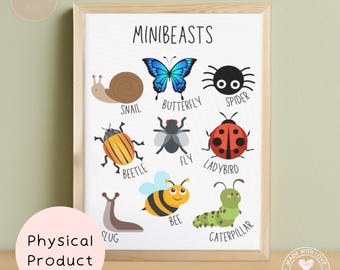 Minibeasts Art Print, Cute Animal Poster, Children's Bedroom, Educational Poster, Nursery Playroom Art, Cute Insects Print, Kids Wall Art