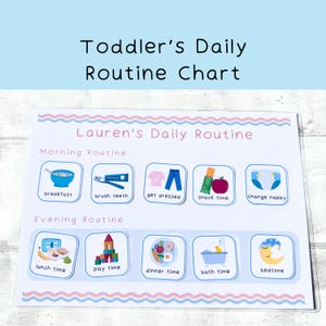 May include: A child's daily routine chart with illustrations for morning and evening activities. The chart includes icons for breakfast, brushing teeth, getting dressed, snack time, changing nappies, lunch, playtime, dinner, bath time, and bedtime.