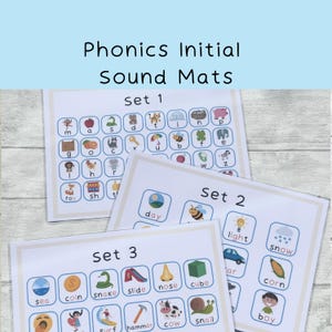 May include: Three sets of phonics initial sound mats. Each set has a different theme. Set 1 has a variety of pictures with the initial letter of the picture. Set 2 has pictures of a day, light, snow, corn, and a boy. Set 3 has pictures of a sea, coin, snake, slide, nose, cube, surf, hammer, cow, snail, and a boy.
