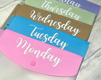 Teacher Days of the Week Files,  Daily Weekly, A4 Punch Pocket Document Wallets for Ring Binder, Button Fasten, Organisation