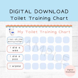 May include: A digital download toilet training chart with the text "DIGITAL DOWNLOAD Toilet Training Chart". The chart includes prompts such as "I sat on the potty/toilet", "I did a wee", "I did a poo", and "I wiped". The chart has a colorful border.