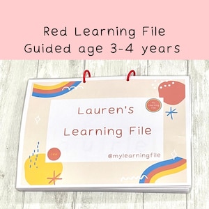 May include: A red and white learning file with the text "Lauren's Learning File" and "@mylearningfile". The file is designed for children aged 3-4 years old.