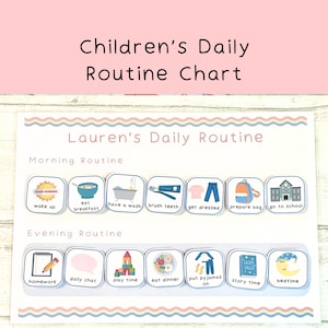 May include: A colourful daily routine chart for children with images and text. The chart is divided into two sections: Morning Routine and Evening Routine. The Morning Routine section includes images of waking up, eating breakfast, having a wash, brushing teeth, getting dressed, preparing a bag, and going to school. The Evening Routine section includes images of doing homework, having a daily chat, playing, eating dinner, putting on pyjamas, story time, and bedtime.