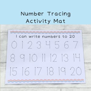 May include: A white laminated activity mat with a blue, pink and white wavy border. The mat has the text "Number Tracing Activity Mat" at the top and "I can write numbers to 20" in the middle. The numbers 0 through 20 are written in dotted lines for tracing.