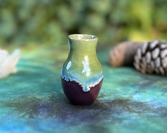 Tiny Handmade Ceramic Vase ~ Wheel Thrown Australian Pottery ~ Curvy Purple and Green Miniature Pot