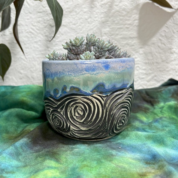 Hand Carved Ceramic Plant Pot ~ Handmade Blue Green Planter ~ Australian Pottery