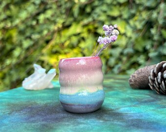 Tiny Handmade Ceramic Vase ~ Wheel Thrown Australian Pottery ~ Curvy Rainbow Miniature Pot