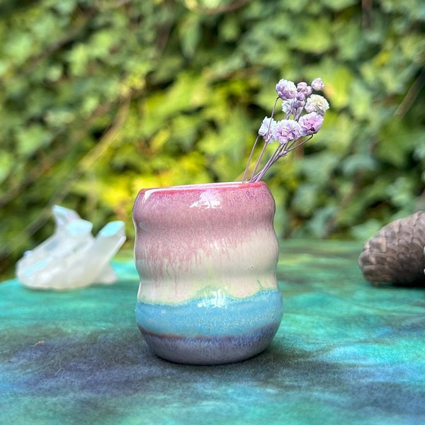 Tiny Handmade Ceramic Vase ~ Wheel Thrown Australian Pottery ~ Curvy Rainbow Miniature Pot
