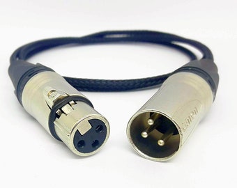 May include: A black cable with two silver XLR connectors. One connector has three pins and the other has four pins.