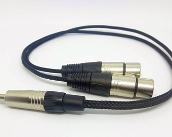 May include: A black braided cable with a single 1/4 inch jack on one end and two XLR connectors on the other end.