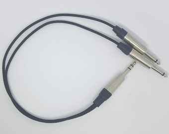 May include: A black 1/4 inch to dual 1/4 inch audio cable with a braided cable jacket.