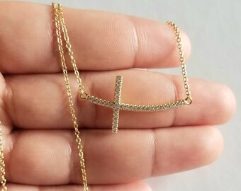 925 Sterling Silver CZ Sideways Curved Cross Necklace, 14K Gold Vermeil CZ Sideways Curved Cross Necklace, Curved CZ Cross Charm - N12