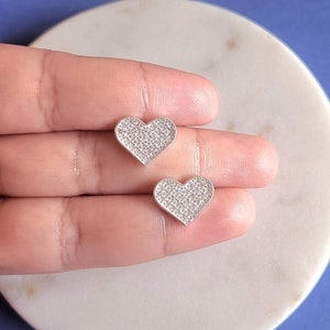 Sterling Silver Heart Stud Earrings, Tri Stone Heart, Cubic Sterling Silver Heart Stud Earrings, Tri Stone Heart, Cubic