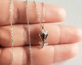 925 Sterling Silver Cubic Zirconia Stem Rose Necklace,14K Gold Vermeil CZ Stem Rose Necklace, Beauty and the Beast Rose Necklace - N18