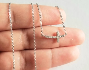 925 Sterling Silver CZ Sideways Curved Cross Necklace, 14K Gold Vermeil CZ Sideways Curved Cross Necklace, Curved CZ Cross Charm - N11