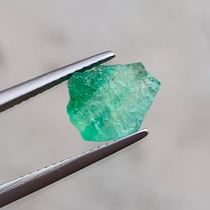 May include: A raw, vivid green emerald gemstone is held by silver tweezers. The emerald has a natural, irregular shape and a slightly translucent appearance, showcasing its crystalline structure. The background is a soft, neutral tone.