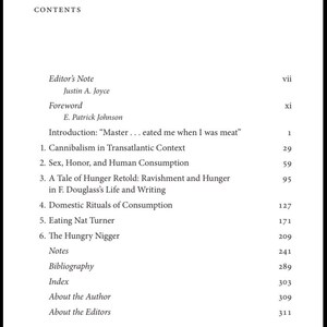 May include: A page from a book with the title "CONTENTS" at the top. The page number is "6 of 326". The text includes "Editor's Note", "Foreword", and chapter titles such as "Cannibalism in Transatlantic Context".