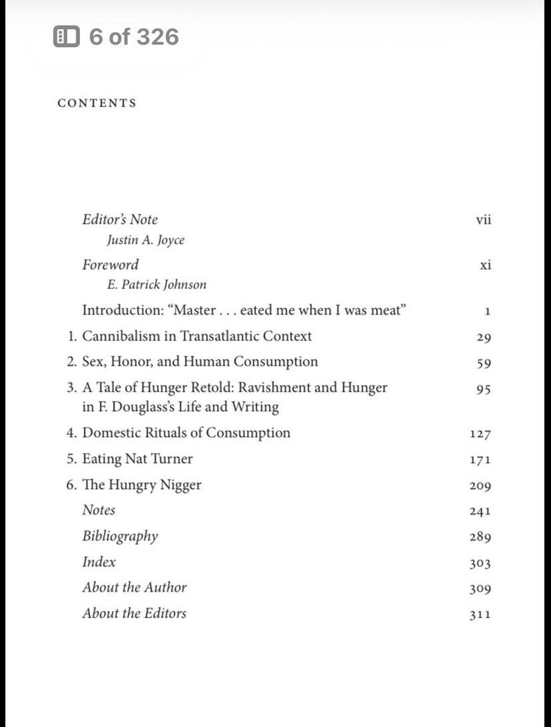 May include: A page from a book with the title "CONTENTS" at the top. The page number is "6 of 326". The text includes "Editor's Note", "Foreword", and chapter titles such as "Cannibalism in Transatlantic Context".