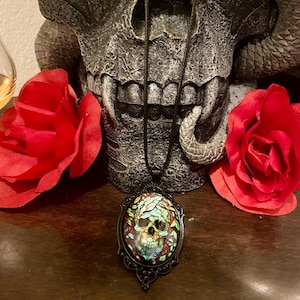 May include: A black pendant necklace featuring an oval-shaped pendant with a skull design. The skull is surrounded by colorful leaves and set in a decorative black frame. The necklace is displayed in front of a skull statue and red roses.