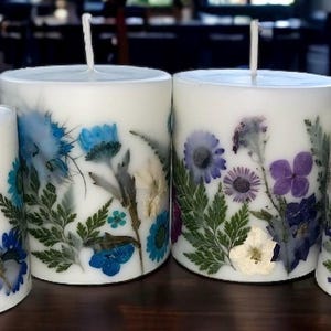 Beautiful Set of Handmade Decorative Botanical Pillar Candles Pressed Flowers Gift Idea Women Birthday Housewarming Wedding Candle Natural