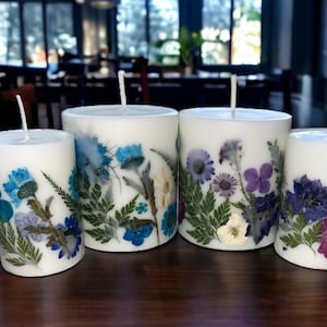 Set of Beautiful Hand Pressed Botanical Pillar Candles. Pressed Flower Pillar Candle, Real Flower Candle, Flower Candle, Decorative Pillar C