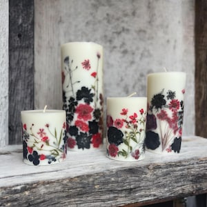 Custom Made Red Black Pressed Flower Botanical Pillar Candle. Real Flower Pressed Candle. Customize Any Size Candle.  Add to Order Pressed