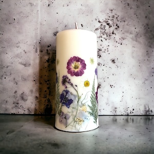 Berry (Purple/Violet) Custom Pressed Flower Botanical Pillar Candle. Pillar Candle w Flowers, Candle w Real Flowers, Flower Candle