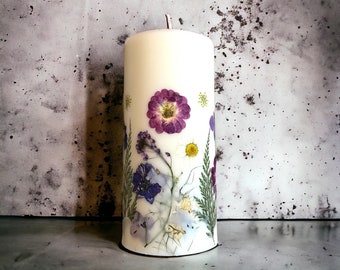 Pressed Flower Pillar Candle: Berry Botanical Soy Wax Candle.