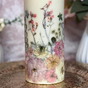 Pink/Cream 3.5 Inch x 7 Inch Real Pressed Flower Botanical Pillar Candle Birthday Flower Gift, Decorative Candle, Mothers Day, Pink candle